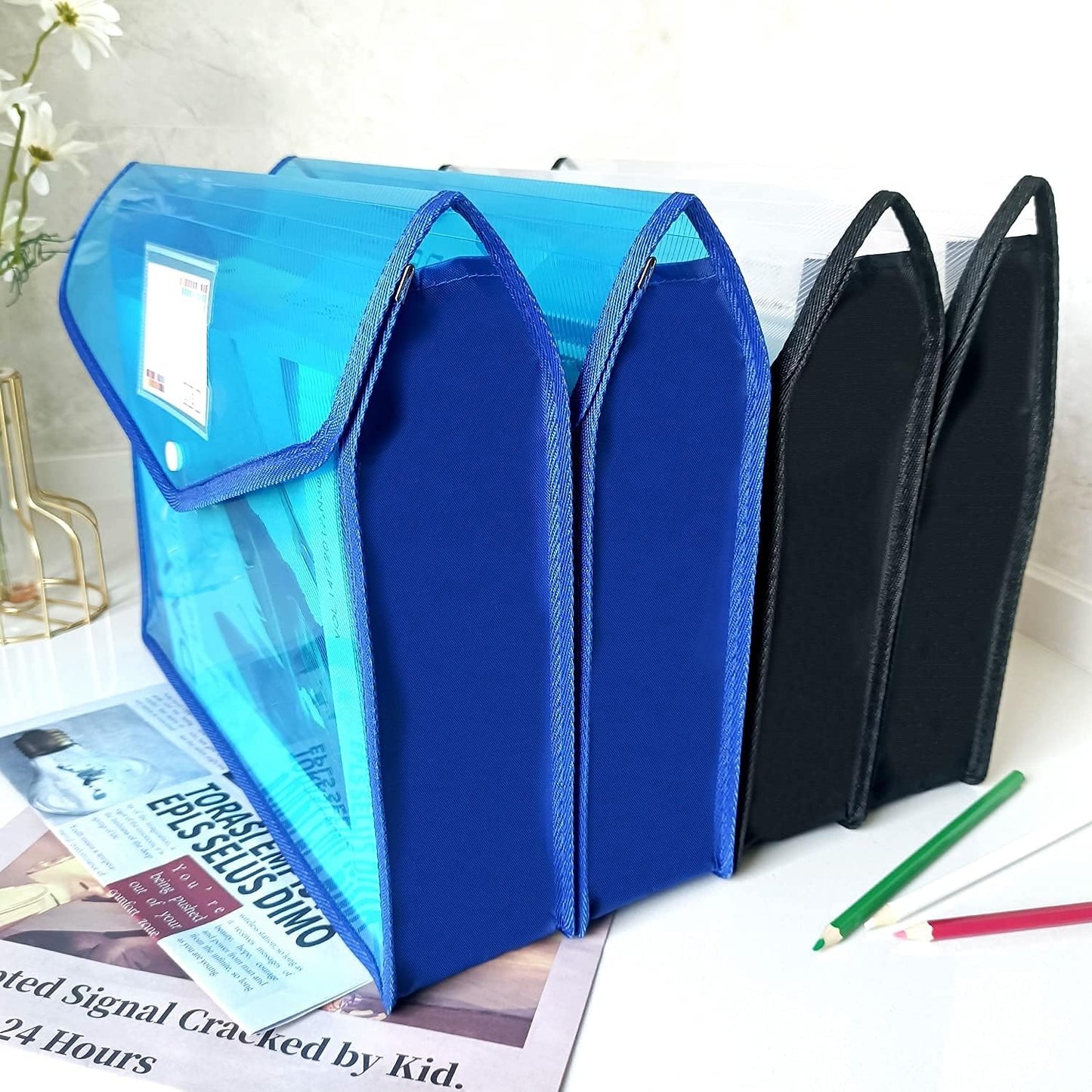 YoeeJob Plastic File Folders Legal Size Expandable Document Folder with Snap Button Closure, A4 Expanding File Wallet Envelopes Pouch with Label Pocket, 2 Packs, Black