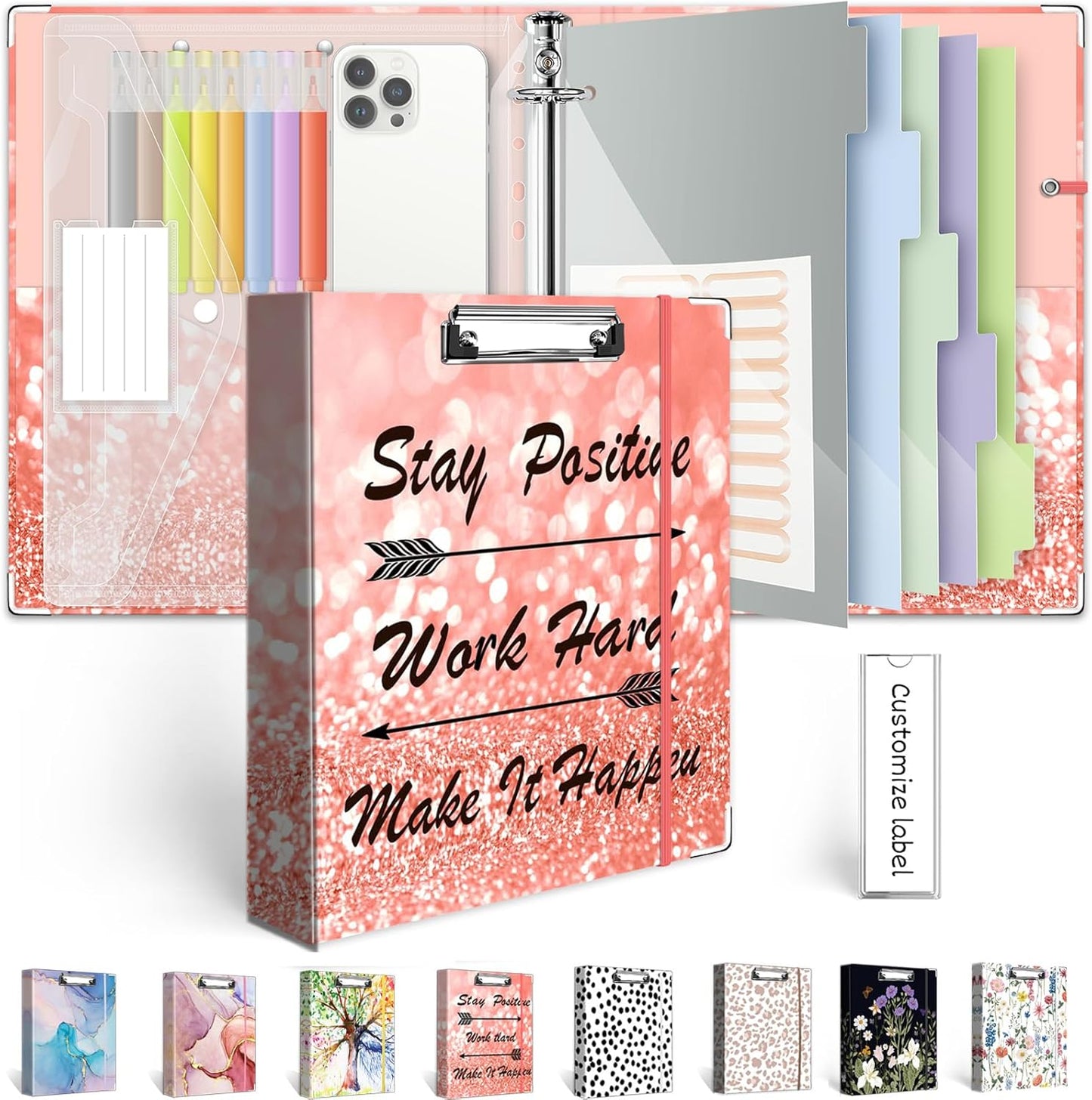 3 Ring Binder 1 Inch, Three Ring Binders Organizer with Clipboard, 5-Tabs Pockets Dividers, Plastic Folder, 18 Divider Stikers, BVSSX Pretty Binder with Pen Loop (Black Weeds, Letter Size)