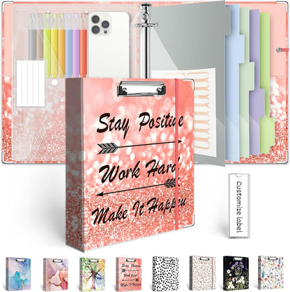 3 Ring Binder 1 Inch, Three Ring Binders Organizer with Clipboard, 5-Tabs Pockets Dividers, Plastic Folder, 18 Divider Stikers, BVSSX Pretty Binder with Pen Loop (Black Weeds, Letter Size)