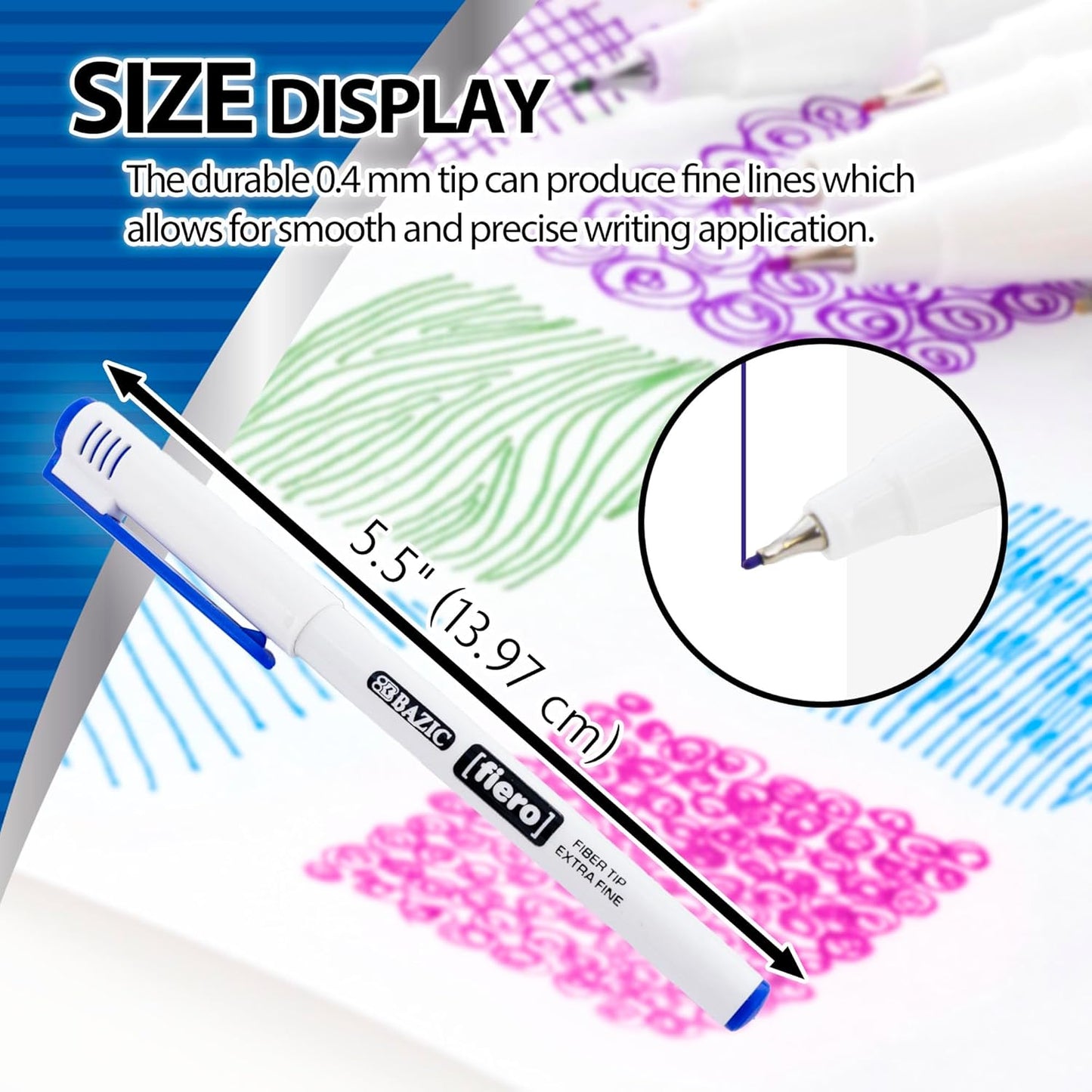 BAZIC Products Fiero Fiber Tip Pen, Fineliner Pens 0.4mm Blue Color Extra Fine Point, Writing Drawing for Graphic Office School (4/Pack), 1-Pack