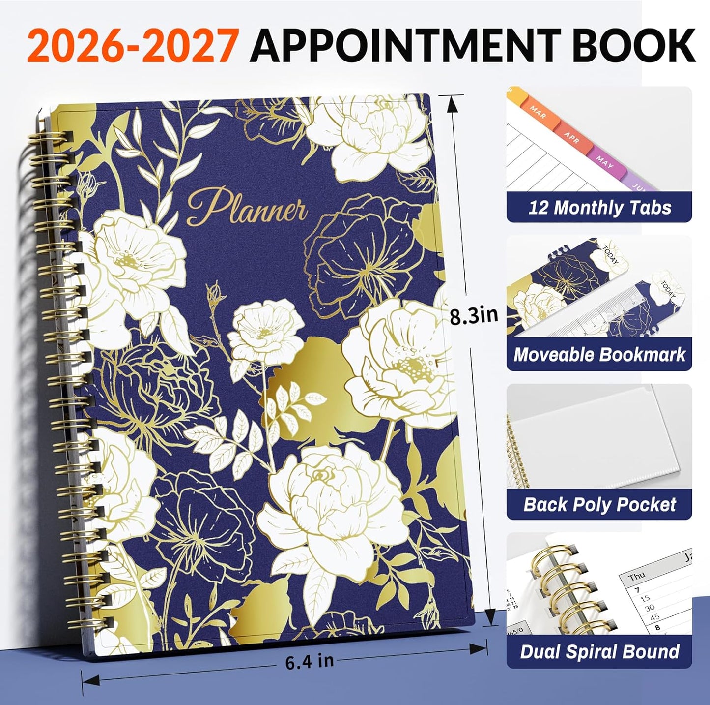 SUNEE 2026-2027 Appointment Book, Quarter-Hourly, Weekly & Monthly - from July 2026 to June 2027, 8.5"x11" Academic Planner, Flexible Cover, Note Pages, Bookmark, Spiral Binding, Black