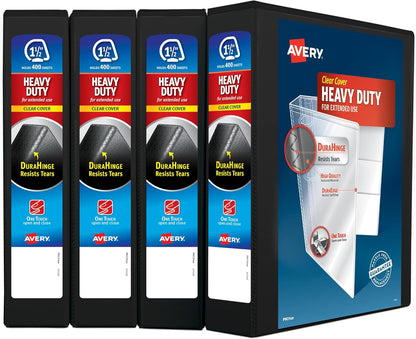 Avery Heavy-Duty View 3 Ring Binders, 1 Inch One Touch Slant Rings, DuraHinge, 1.4 Inch Wide Spine, Customizable Clear Cover and Spine, Black Binders (4-Pack of 79868)