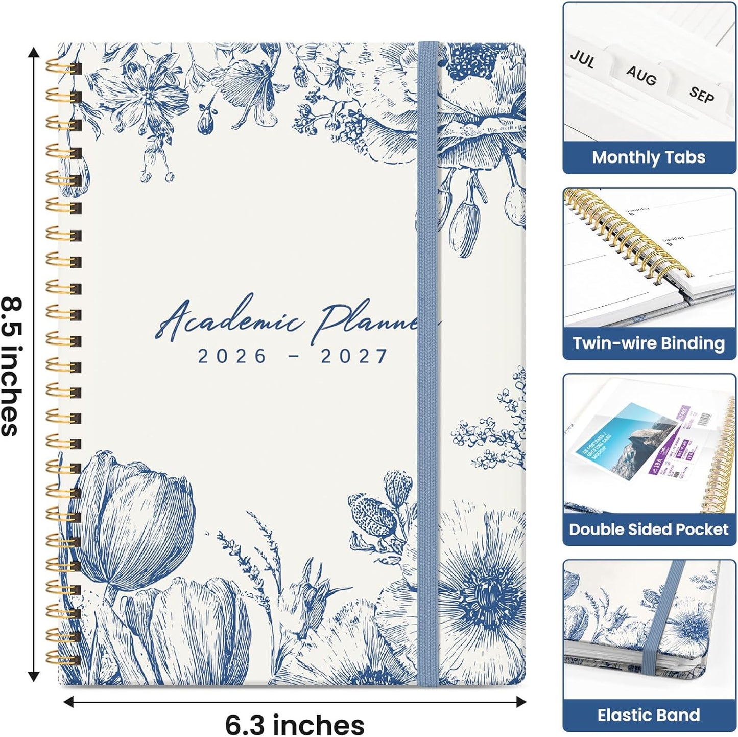 Planner 2026-2027, Academic Year Monthly and Weekly Calendar Planner, Jul 2026 - Jun 2027, Hardcover Teacher Student Planning Agenda book with Tabs, Perfect for School Office Supplies, 6.3" x 8.5" - Wildflowers