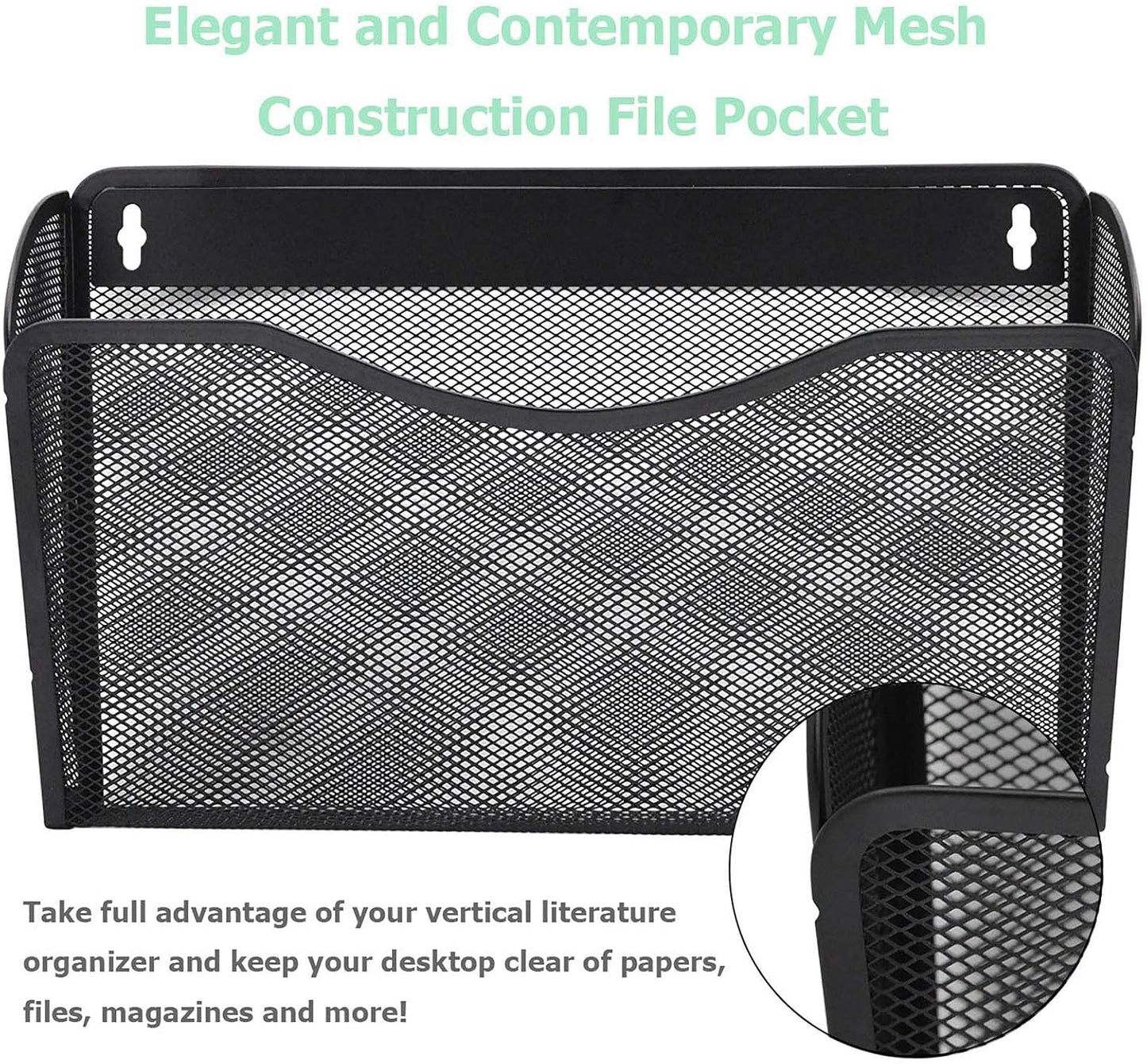 EASEPRES 3 Single Pocket Mesh Hanging File Organizer, Vertical Wall Mounted Magazine File Holder, Mount Basket Mail Paper Document Folder Organizing for Office, Home and School, Black