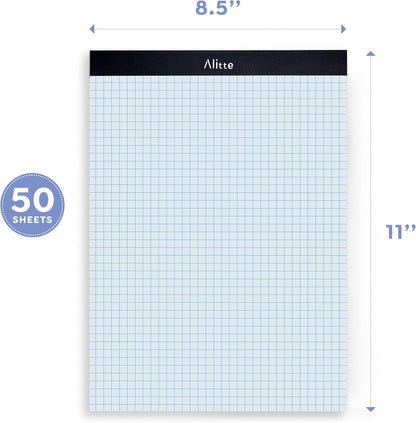 Alitte Graph Paper Pad, Pack of 12, White Letter Size - 4x4 Quad Grid Paper, Easy-Tear Perforations, 8.5 x 11 Cardboard Backing - Graph Notepads for School, Office -50 Sheets per Pad
