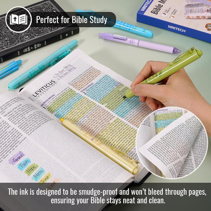 WRITECH Bible Mate Journaling Set: No Bleed Bible Highlighters & 0.7mm Black Ink Ballpoint Pens, Fast-Drying Ink, Pastel Colors Highlighter, Journaling Kit, 9ct