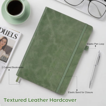 College Ruled Notebook, A5 Hardcover Leather Notebook for Work, Lined Notebook Journal for Women, Men, 100GSM Thick Paper, Large Notebook with Pockets, Professional Business Notebook, Light Green