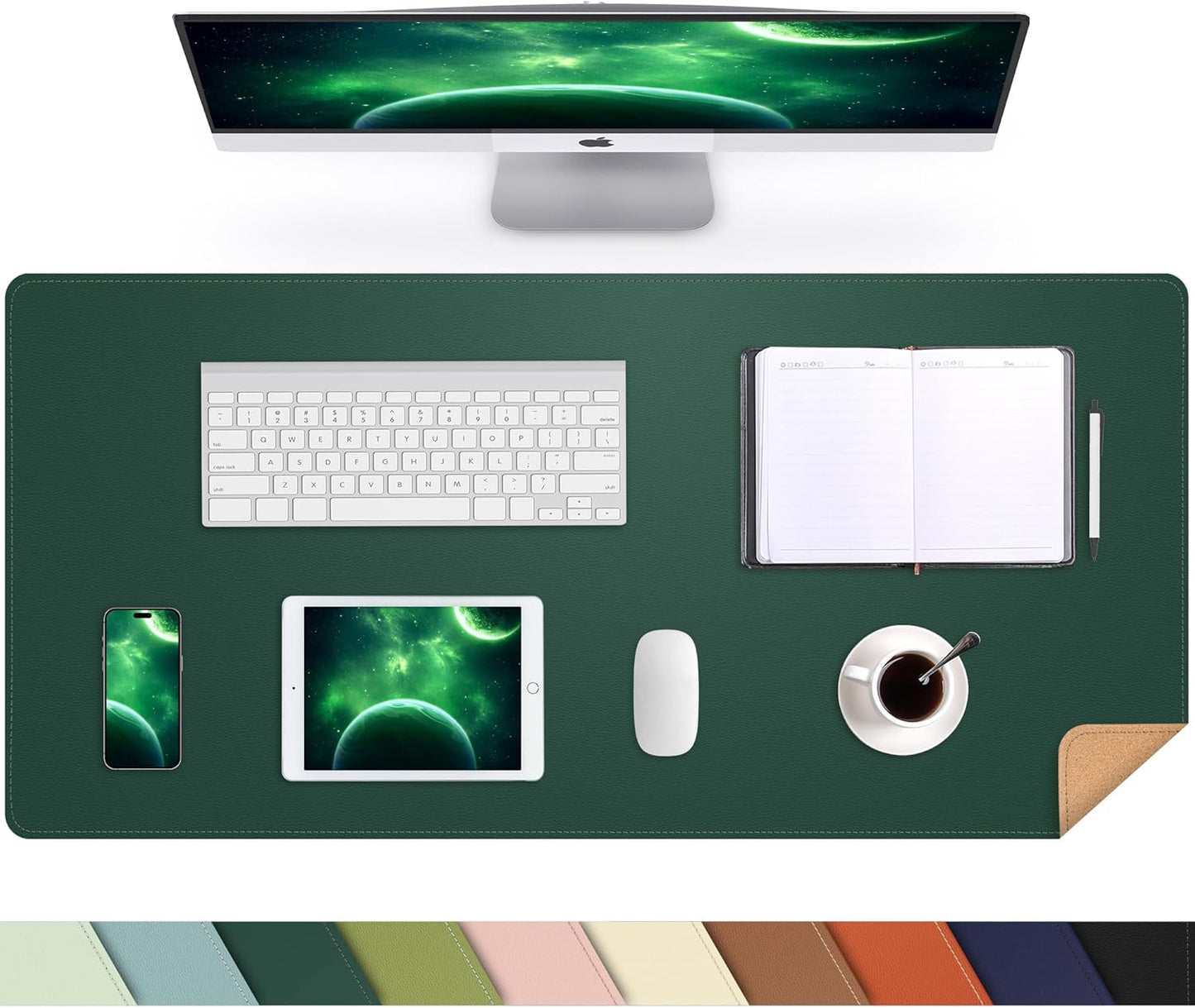 Large Desk Mat 47.2" x 17" Leather Desk Pad Protector with Natural Cork & PU Leather, Non-Slip Office Desk Mat, Large Mouse Pad, Waterproof Desk Blotter pad for Office&Home(Black)