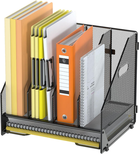 Docnest Desk File Holder Sorter, 4 Vertical Compartments Rack with Letter Tray, Mesh Magazine File Holder with Handle,Workspace Organizers,Desk Organizers for Paper, Mail, Documents-Pink