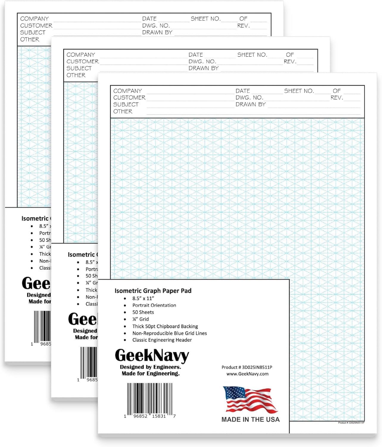 GeekNavy 8.5" x 11" Isometric Graph Paper 50 Sheets Portrait - 0.25" Grid, Non-photo Blue, High Brightness, Drafting, Engineering, Art, 3D Design (1-Pack)