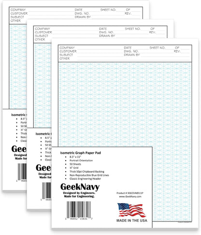 GeekNavy 8.5" x 11" Isometric Graph Paper 50 Sheets Portrait - 0.25" Grid, Non-photo Blue, High Brightness, Drafting, Engineering, Art, 3D Design (1-Pack)