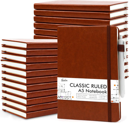 feela College Ruled Notebooks, 24 Pack Business Notebook Hardcover Lined Writing Journal with Pen Holder for Men Women Note Taking, with 24 Black Pens, 120 GSM, 5.1”x8.3”, A5, White