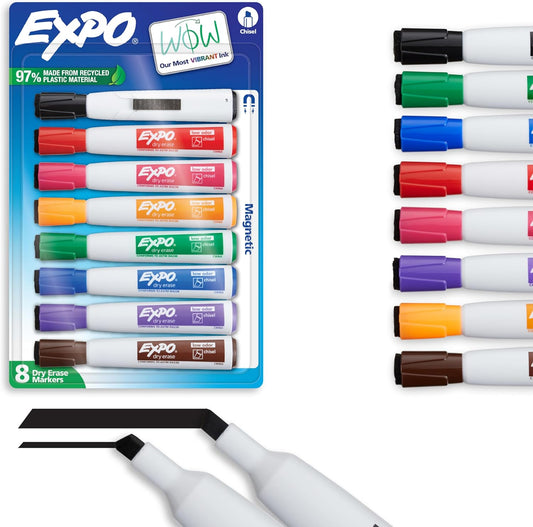 EXPO Magnetic Dry Erase Markers with Eraser, Assorted Colors, Chisel Tip, 8 Count - Back to School, Teacher Supplies, Home Organization