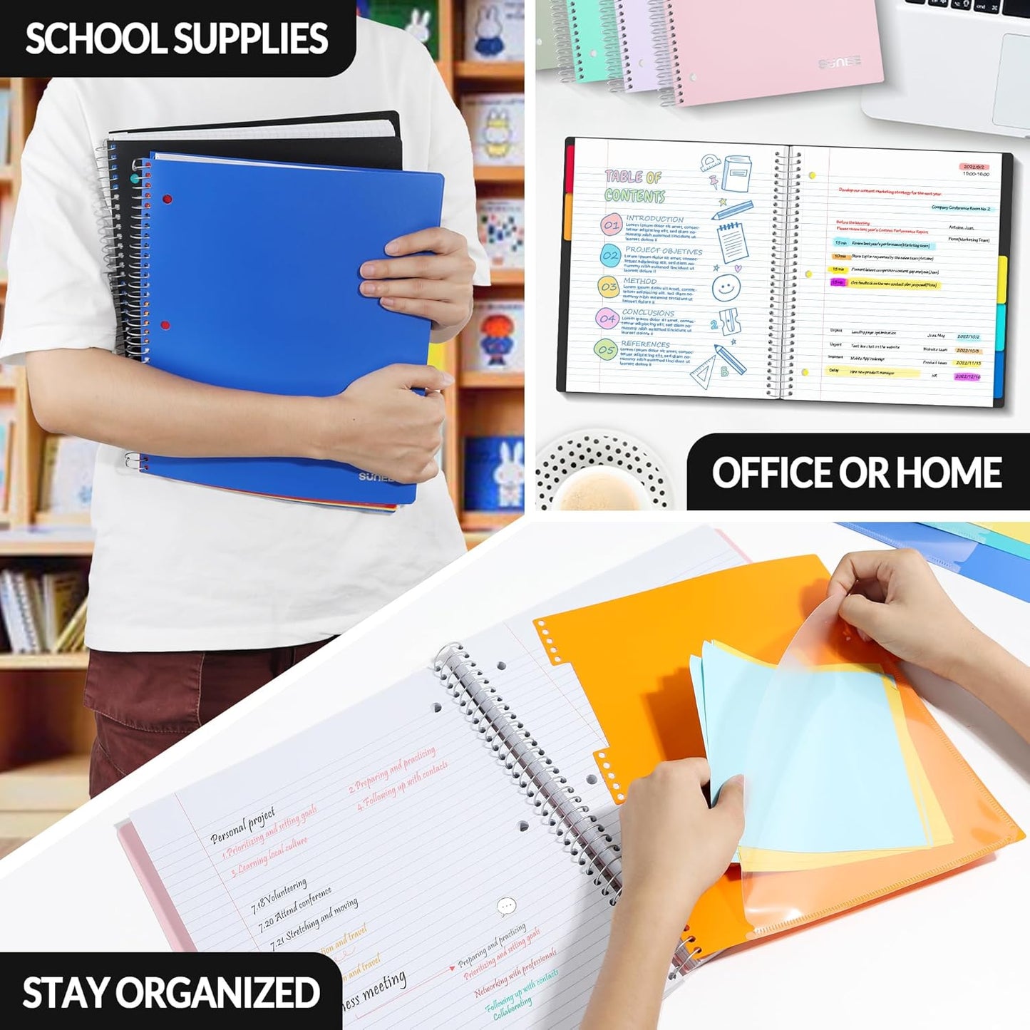 SUNEE 5 Subject Graph Paper Notebook - 400 Pages, 9"x11", 4x4 Graph Ruled Notebook, 5 Pocket Colored Dividers, 3-Hole Punched Paper, Black
