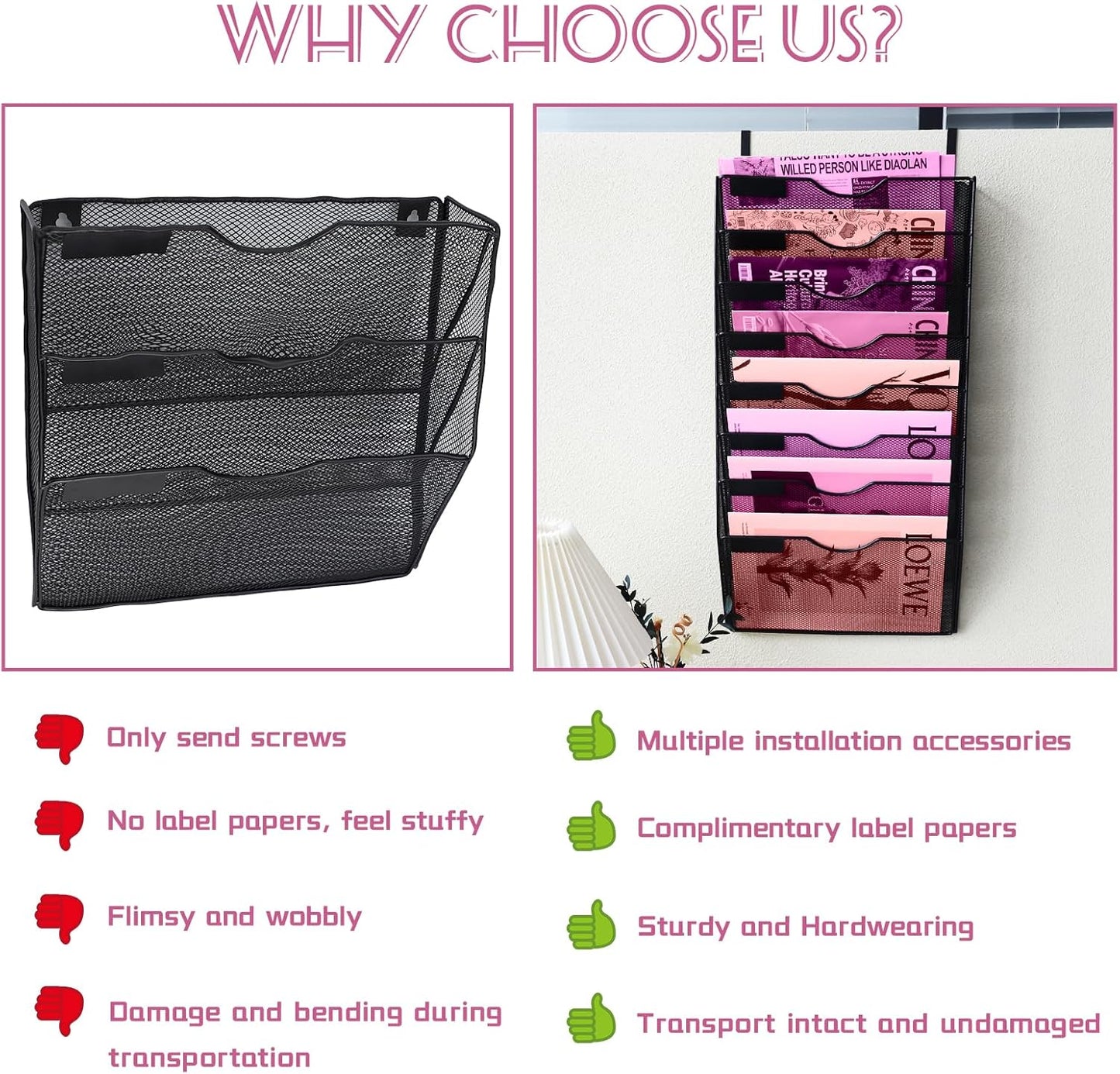 1 Pocket Mesh Wall File Holder Organizer Office Hanging File Folder Magazine Rack, Nametag Label Hooks Set Included (Black)