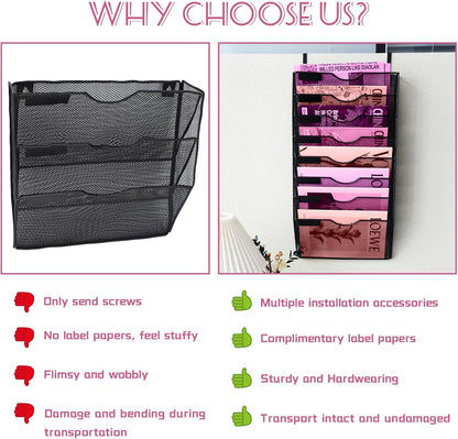 1 Pocket Mesh Wall File Holder Organizer Office Hanging File Folder Magazine Rack, Nametag Label Hooks Set Included (Black)