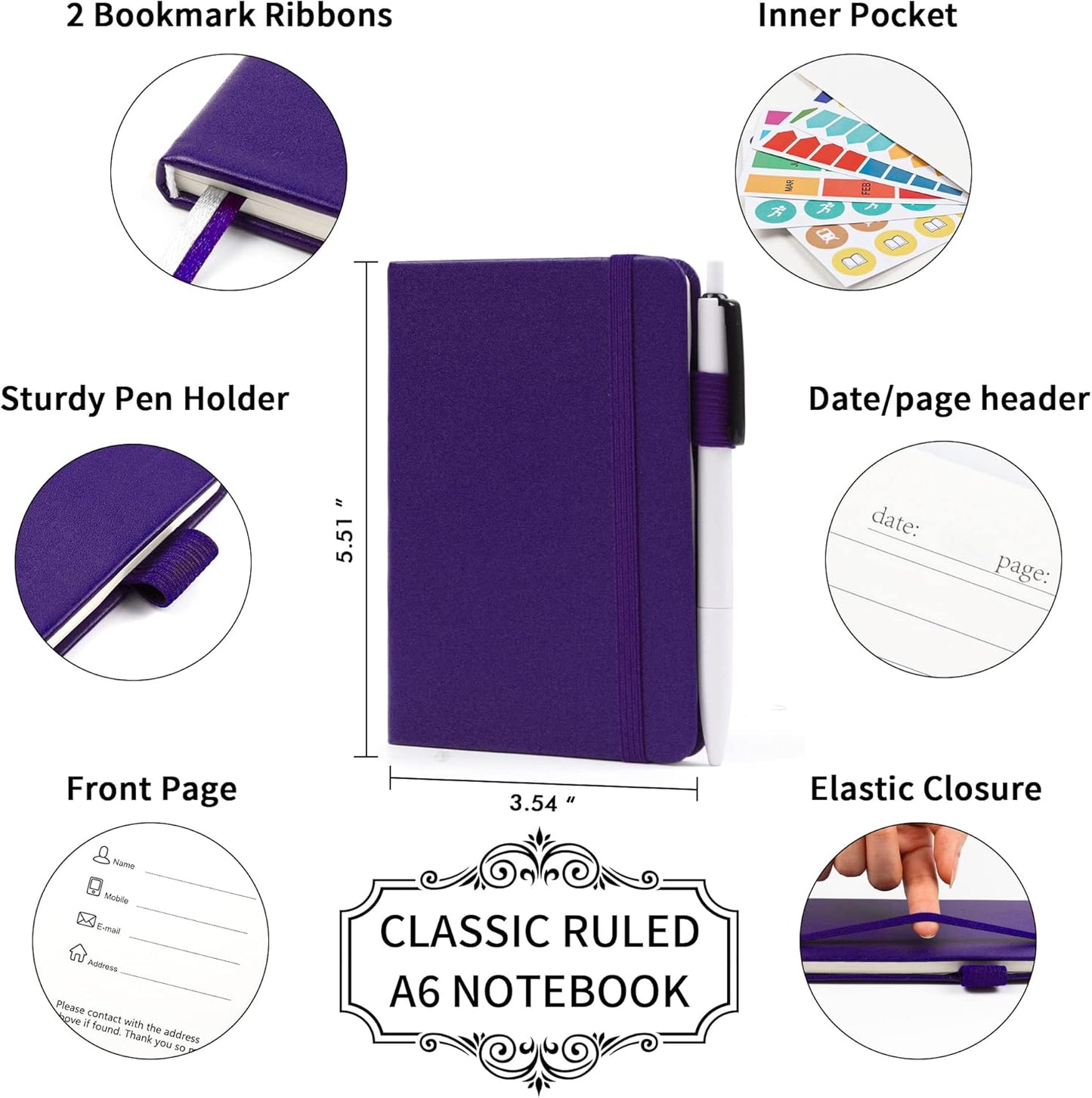feela 3 Pack Pocket Notebook Journals with 3 Black Pens, A6 Mini Cute Small Journal Notebook Bulk Hardcover College Ruled Notepad with Pen Holder for Office School Supplies, 3.5”x 5.5”, Gray