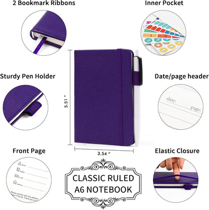 feela 3 Pack Pocket Notebook Journals with 3 Black Pens, A6 Mini Cute Small Journal Notebook Bulk Hardcover College Ruled Notepad with Pen Holder for Office School Supplies, 3.5”x 5.5”, Gray