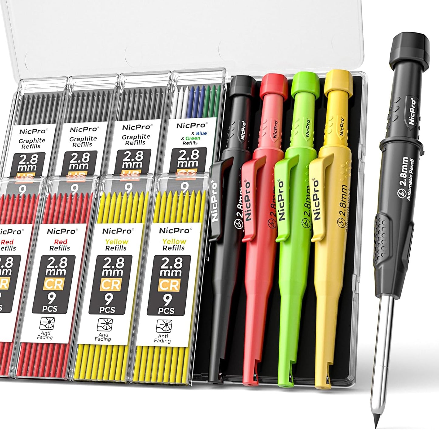 Nicpro 6 Pack CP3000 Carpenter Pencils with Sharpener, Mechanical Pencil Set with 78 Refill, Heavy Duty Construction Pencil, Carpenter Tools for Architect Marking (Red,Black,Yellow,Orange,Green,Blue)