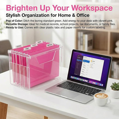 VZCPYTPM 25 Pack Hanging File Folders Letter Size,Pink Reliable Hanging Folders for Filing Cabinet,Reinforced Rods for Smooth Gliding,Includes 1/5 Adjustable Tabs & Inserts,Ideal for Home & Office