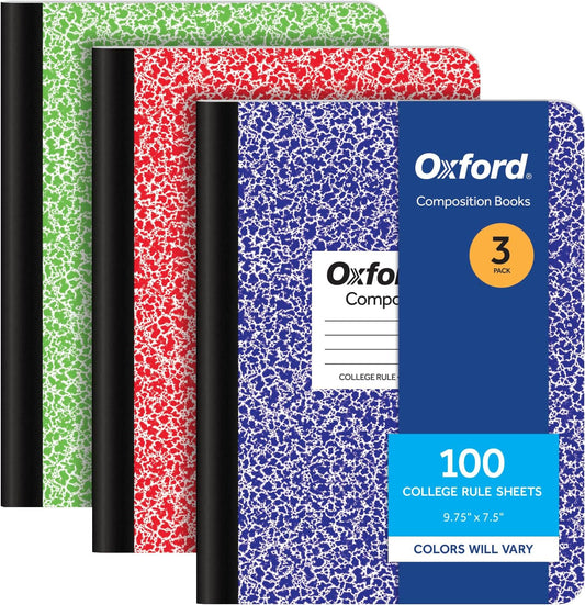 Oxford Composition Notebooks, 3 Pack, Cover Colors Vary, College Ruled Paper, 9-3/4 x 7-1/2 Inch School Journals, Assorted Marble Covers, 100 Sheets per Book (1002518)