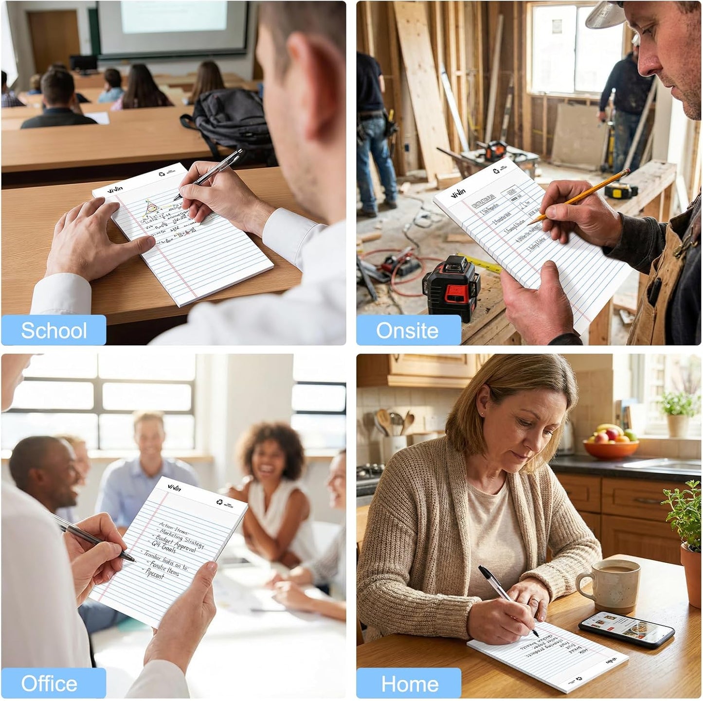 ViVin Legal Pads 8.5 x 11 Inch, Wide Ruled Note Pads, 12 Pack, 50 Sheet/Pad, Perforated Writing Pads, Notepads for Office Home School, 600 Sheets, White Paper