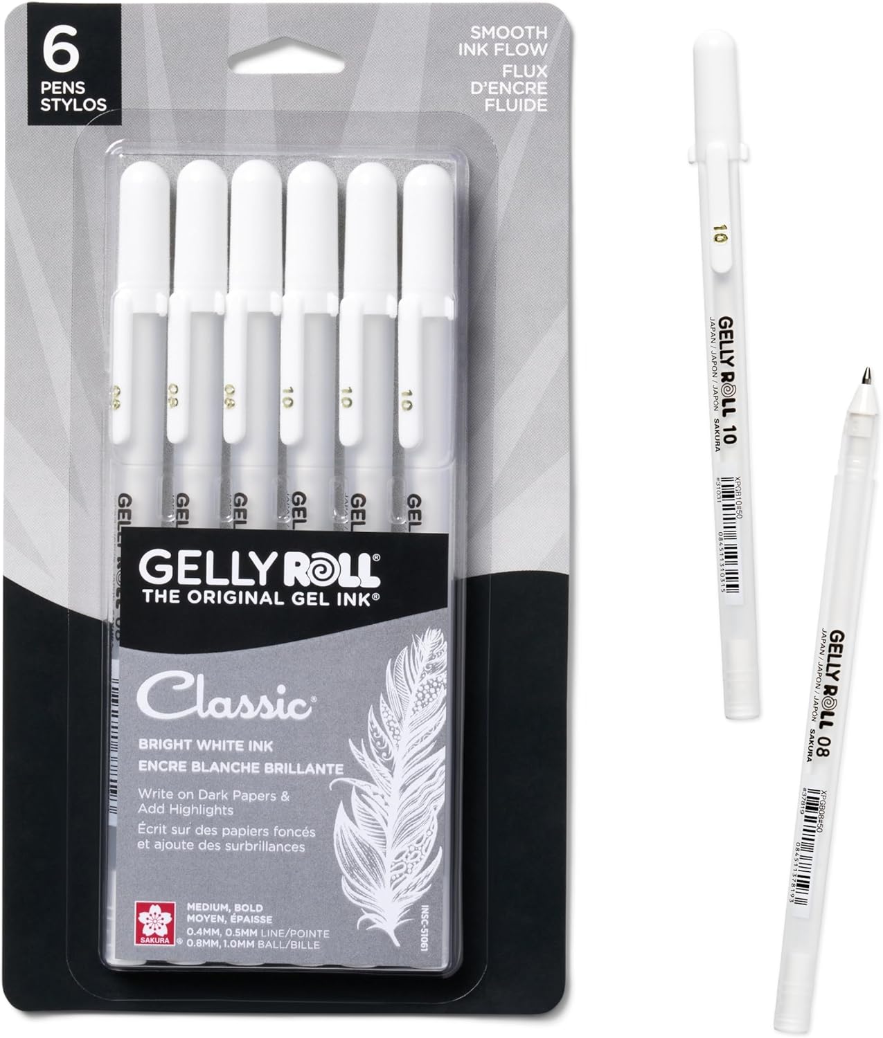 SAKURA Gelly Roll Classic Gel Pens, Opaque White Ink, Ass't Tips 05/08/10, 6 PK 57461
