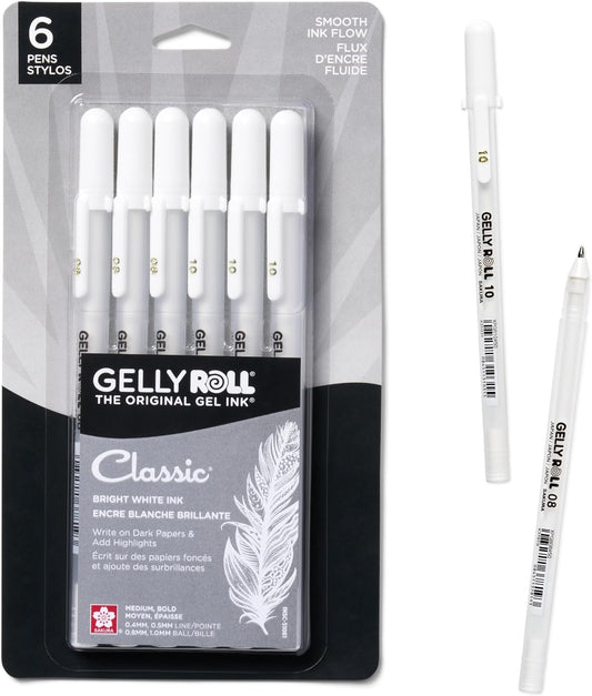 SAKURA Gelly Roll Classic Gel Pens, Opaque White Ink, Ass't Tips 05/08/10, 6 PK 57461
