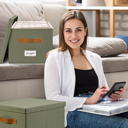 ZICOTO Decorative File Organizer Box Set of 2 - Collapsible Linen Filing Cabinets with Handles Are Perfect to Store All Your Documents & Hanging File Folders - Portable Easy Slide Crates with Lid