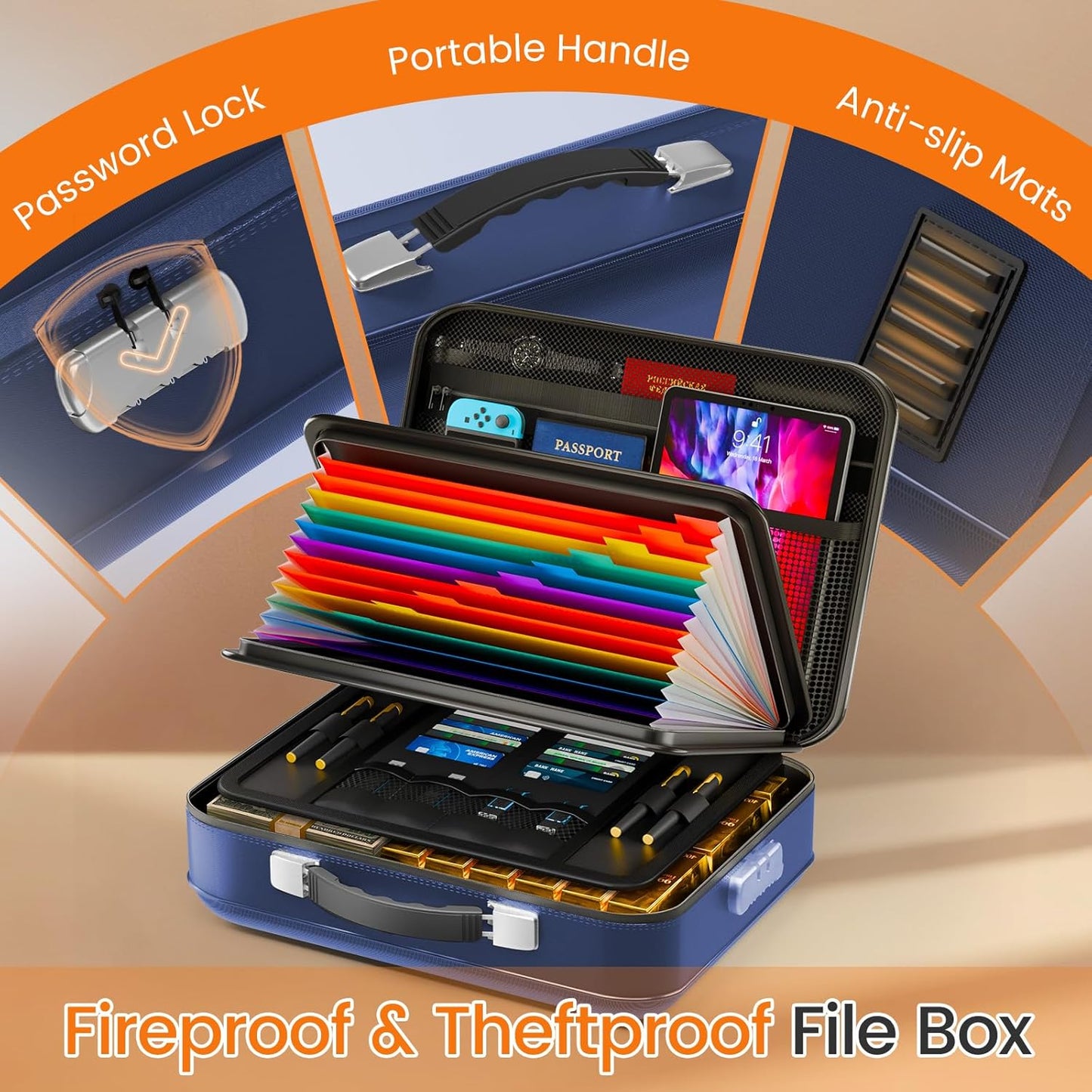 Fireproof Document Box with Lock, 5200°F Fireproof Water Resistant Hard Case File Organizer Safe Box for Important Documents, Certificates, Laptop, Passports (Black)