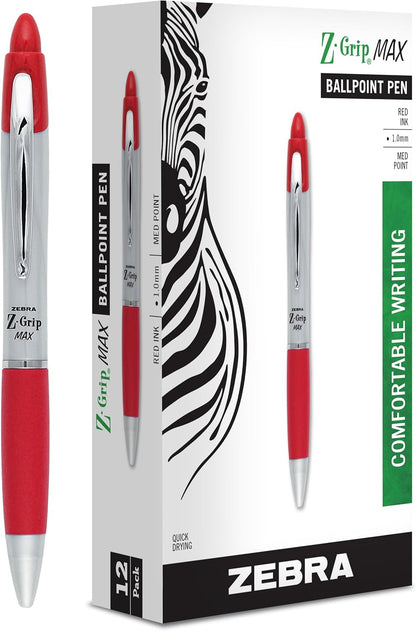 Zebra Pen, Z-Grip MAX Retractable Ballpoint Pens, Blue Ink, 1.0mm Medium Point, Wide Barrel with Comfortable Grip, Silver Barrel, Metal Clip, 12-Count, (22420)