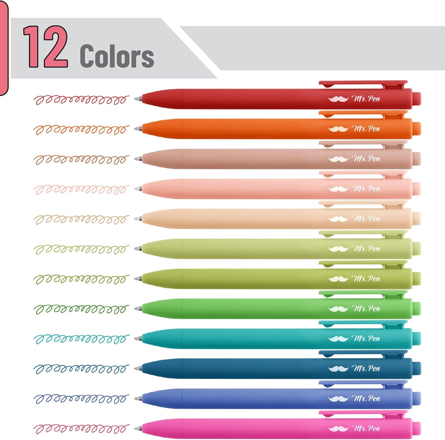 Mr. Pen- Retractable Gel Pens, 12 Pack, Colorful Ink, Fine Point 0.7mm, Fast Dry, Smooth Writing, Cute Pens for Drawing, Writing Planner and School Supplies