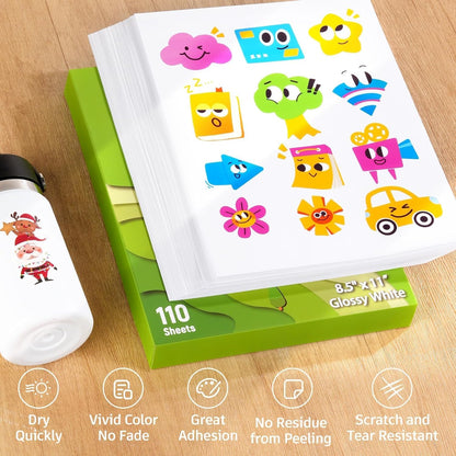 Printable Vinyl Sticker Paper for Inkjet and Laser Printer - Glossy White - 21 Waterproof Decal Paper Self-Adhesive Sheets 8.5"x11"- Dries Quickly and Holds Ink Beautifully
