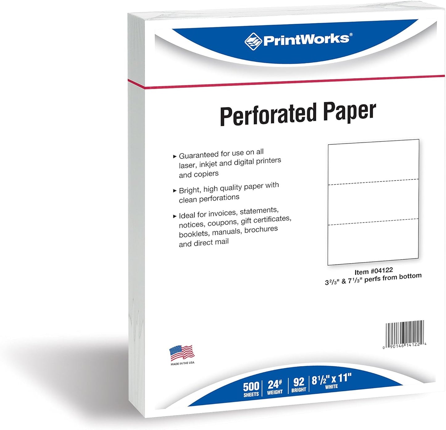 PrintWorks Professional 3 2/3" Horizontal Perforated Paper 8.5” x 11” - Perfect For W-2, 1099, & Statement Use - Made in the USA - 500 Sheets - 20 lb - Printer Compatible - White (04124)