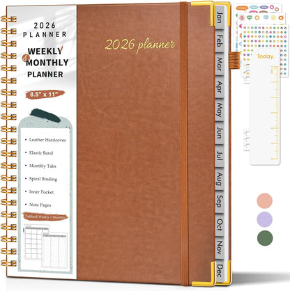 2026 Planner, Weekly and Monthly Calendar Planner from January 2026 - December 2026, 8.5" x 11" Hardcover Leather Hourly Appointment Book with Tabs, Spiral Daily Planners for School Work Home, Green