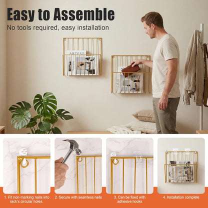 2-Pack Wall Magazine Holder File Organizer Mental , Wall Mounted Magazine Rack for Space-Saving, Walls Magazine Holder for Mail, Bathroom & Home Office Organizer, Office Living Room(Gold)