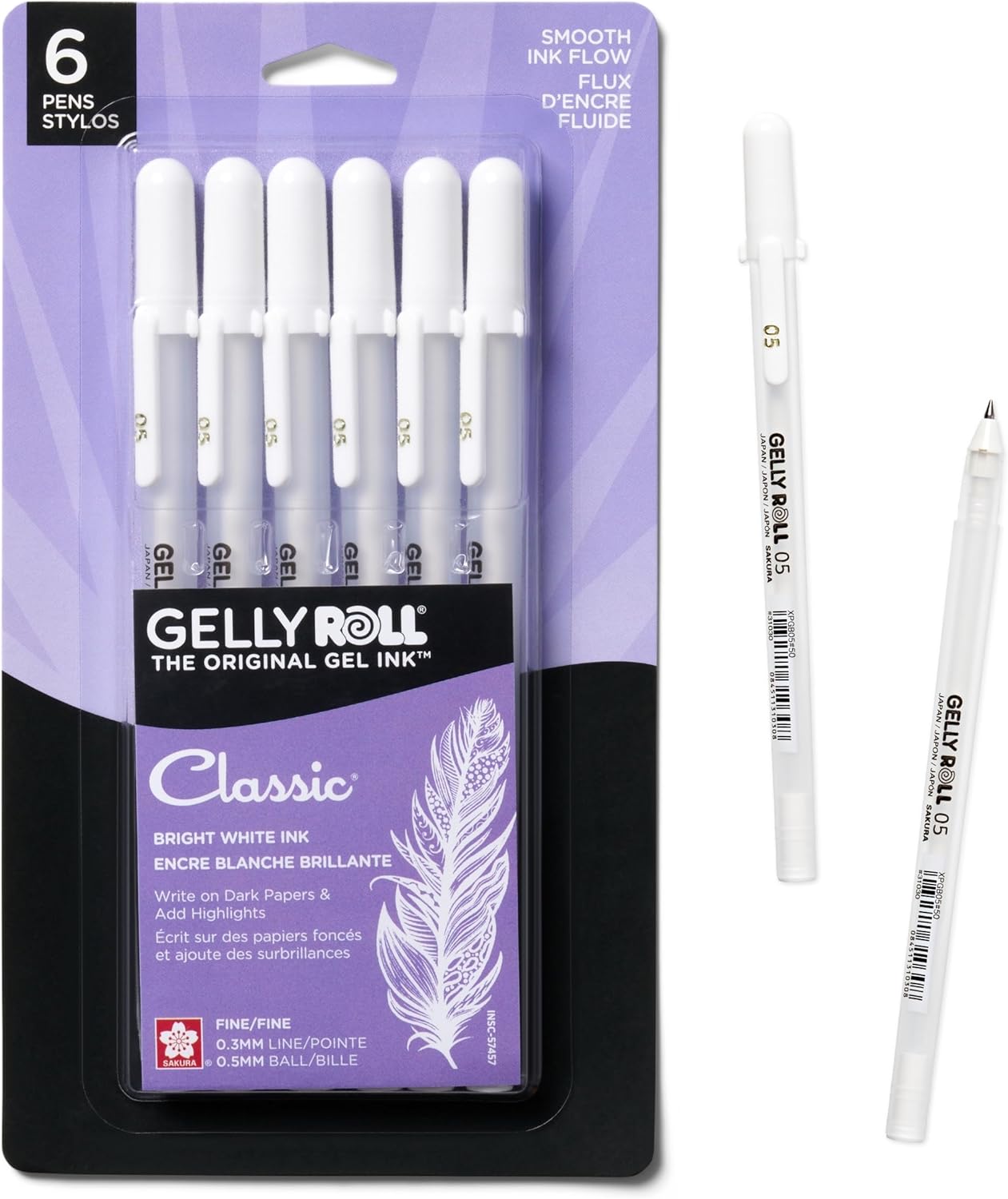 SAKURA Gelly Roll Classic Gel Pens, Opaque White Ink, Ass't Tips 05/08/10, 6 PK 57461