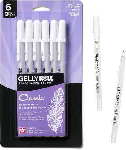 SAKURA Gelly Roll Classic Gel Pens, Opaque White Ink, Ass't Tips 05/08/10, 6 PK 57461
