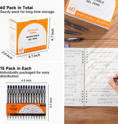 Shuttle Art Black Gel Pens, Ink Glide Series 90 Pack Retractable 0.5mm Fine Point Rollerball Gel Ink Pens Bulk Set Quick Drying Smooth Writing with Grip for Journaling Note Taking Office School Home