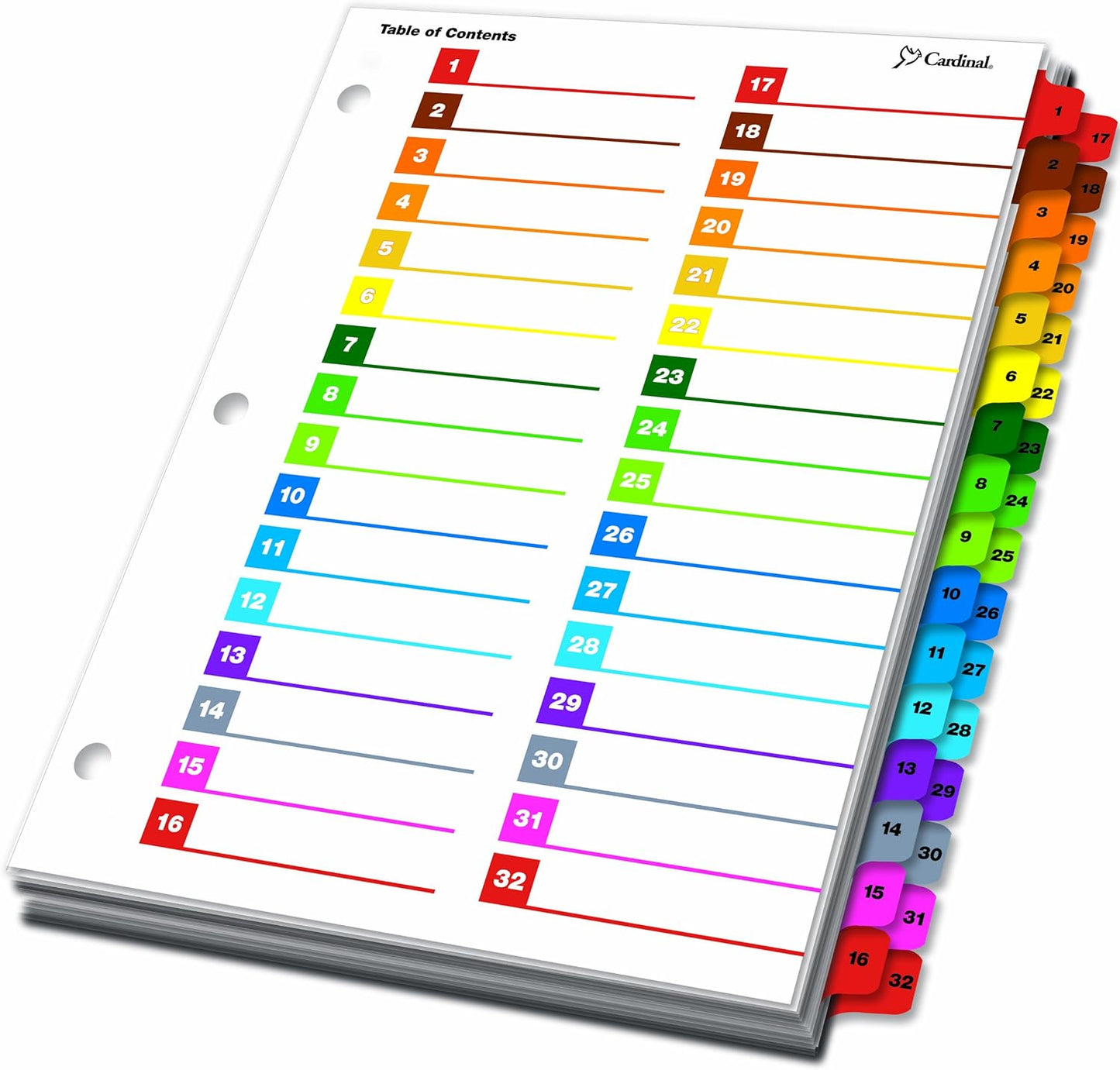 Cardinal Binder Dividers, 24 Tabs, Numbered 1–24, Customizable Table of Contents Page, Reversible Multicolor Tabs, 3-Hole Punched for Binders