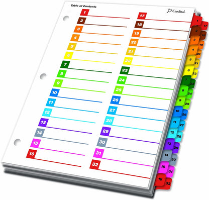 Cardinal Binder Dividers, 24 Tabs, Numbered 1–24, Customizable Table of Contents Page, Reversible Multicolor Tabs, 3-Hole Punched for Binders