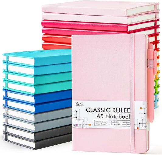 feela College Ruled Notebooks, 24 Pack Business Notebook Hardcover Lined Writing Journal with Pen Holder for Men Women Note Taking, with 24 Black Pens, 120 GSM, 5.1”x8.3”, A5, White