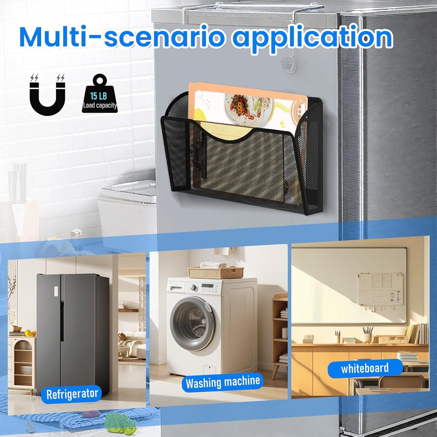 Magnetic File Holder 3PCS Wall File Folder Organizer, No Drilling Hanging Magazine Rack for Refrigerator, Document Paper Mail Folder Holders Office File Magnetic Organizer (Black)