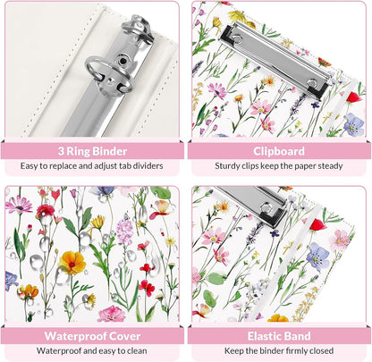 SKYDUE 1 Inch 3-Ring Binder with Clipboard, PU Aesthetic Binder with 5 Dividers, Notepad, Stickers & Pockets for Work and School (Letter Size)