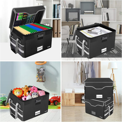 DocSafe Fireproof Document Box with Lock, File Storage Organizer with Mesh Pockets, Collapsible Portable File Box Home Office Safe Filing Cabinet with Handle for Hanging Letter/Legal Folder, Black