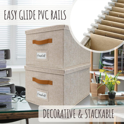 ZICOTO Decorative File Organizer Box Set of 2 - Collapsible Linen Filing Cabinets with Handles Are Perfect to Store All Your Documents & Hanging File Folders - Portable Easy Slide Crates with Lid