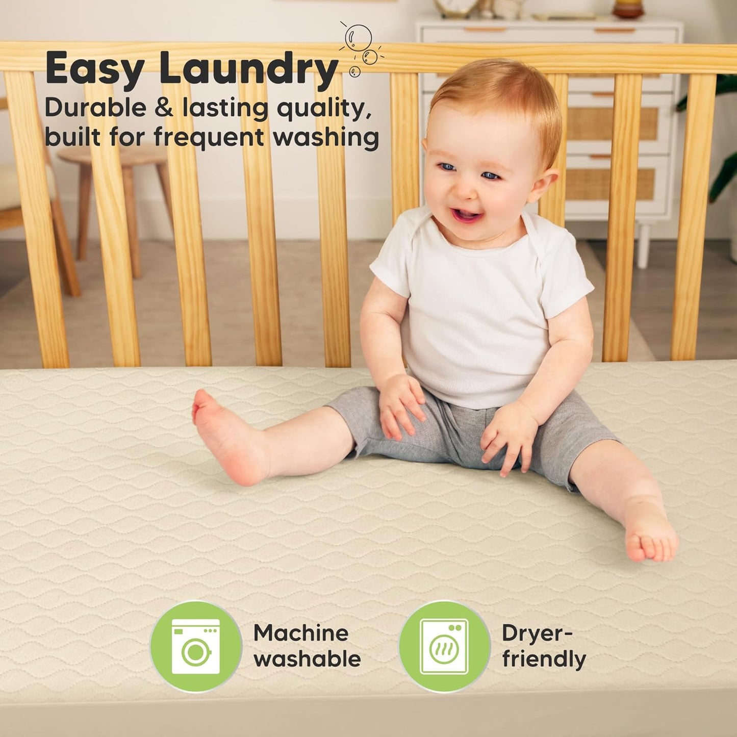 2-Pack Waterproof Crib Mattress Protector Cover Fitted - Quiet Baby Crib Mattress Pad Sheets, 52" x 28" Soft Quilted Cotton Baby Sheet, Machine Washable, Easy Fit, Durable (Soft White/Mavy)