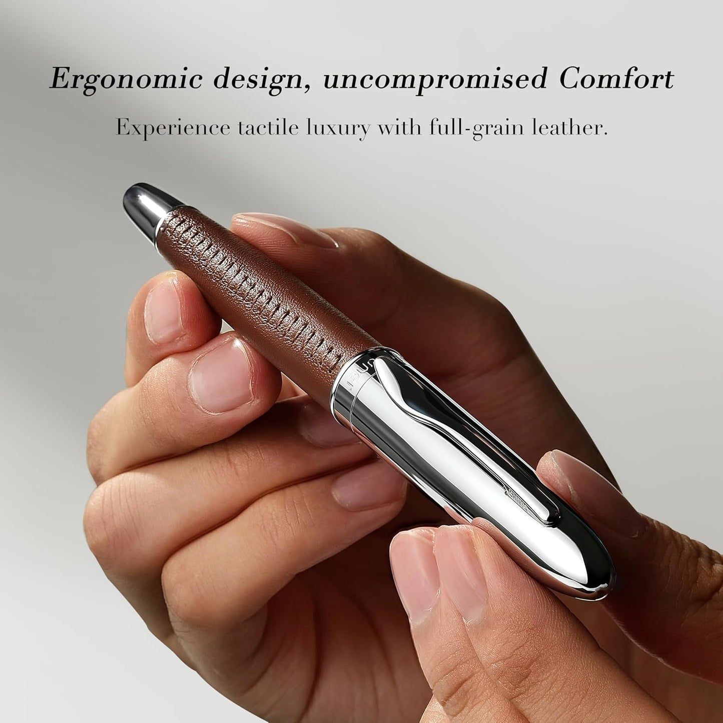 BEILUNER 318 Luxury Leather Pen, Hand-Stitched Premium Leather, Chrome-Plated Finish, Schmidt Ink Refill, Best Rollerball Pen Gift for Men & Women, Refillable, Executive Writing, Nice Pens