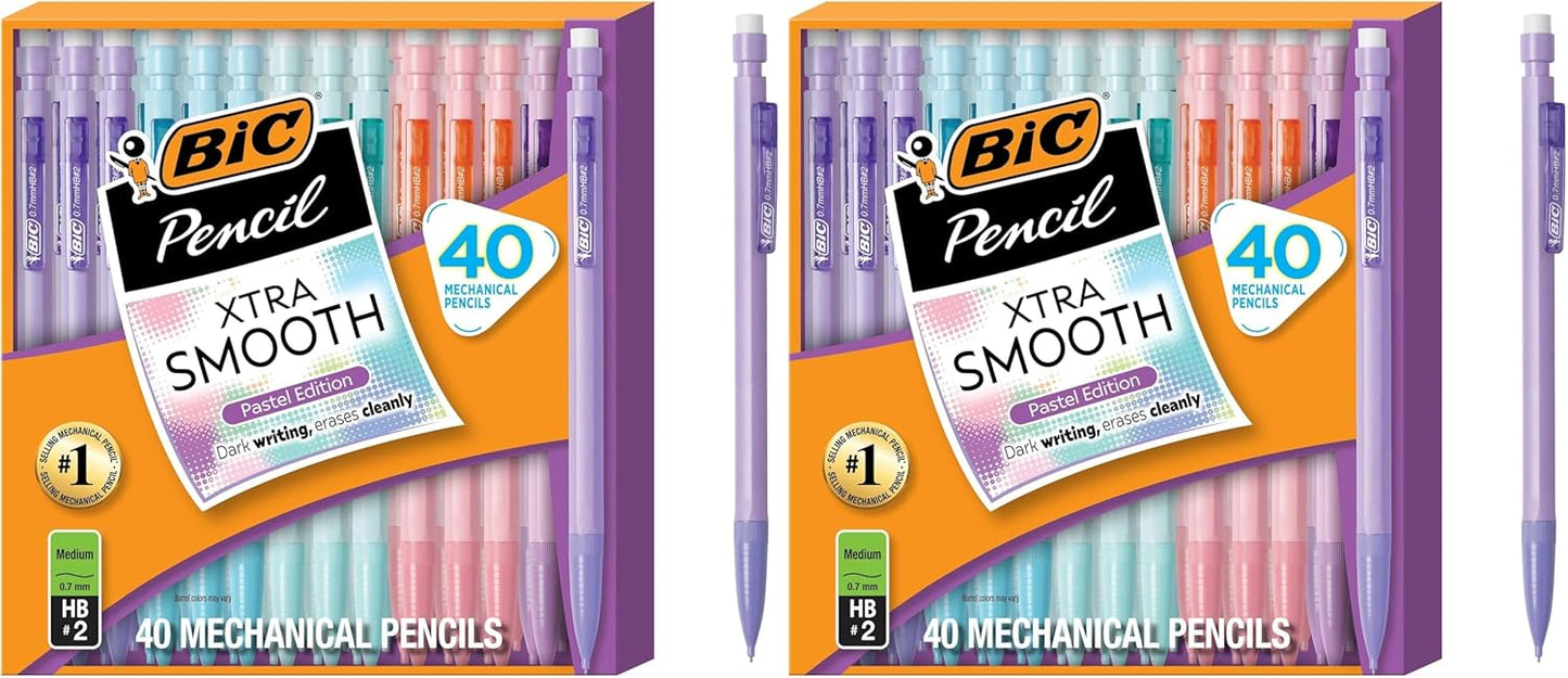 BIC Xtra-Smooth Pastel Mechanical Pencils with Erasers, Medium Point (0.7mm), 40-Count Pack, Bulk Mechanical Pencils for School or Office Supplies