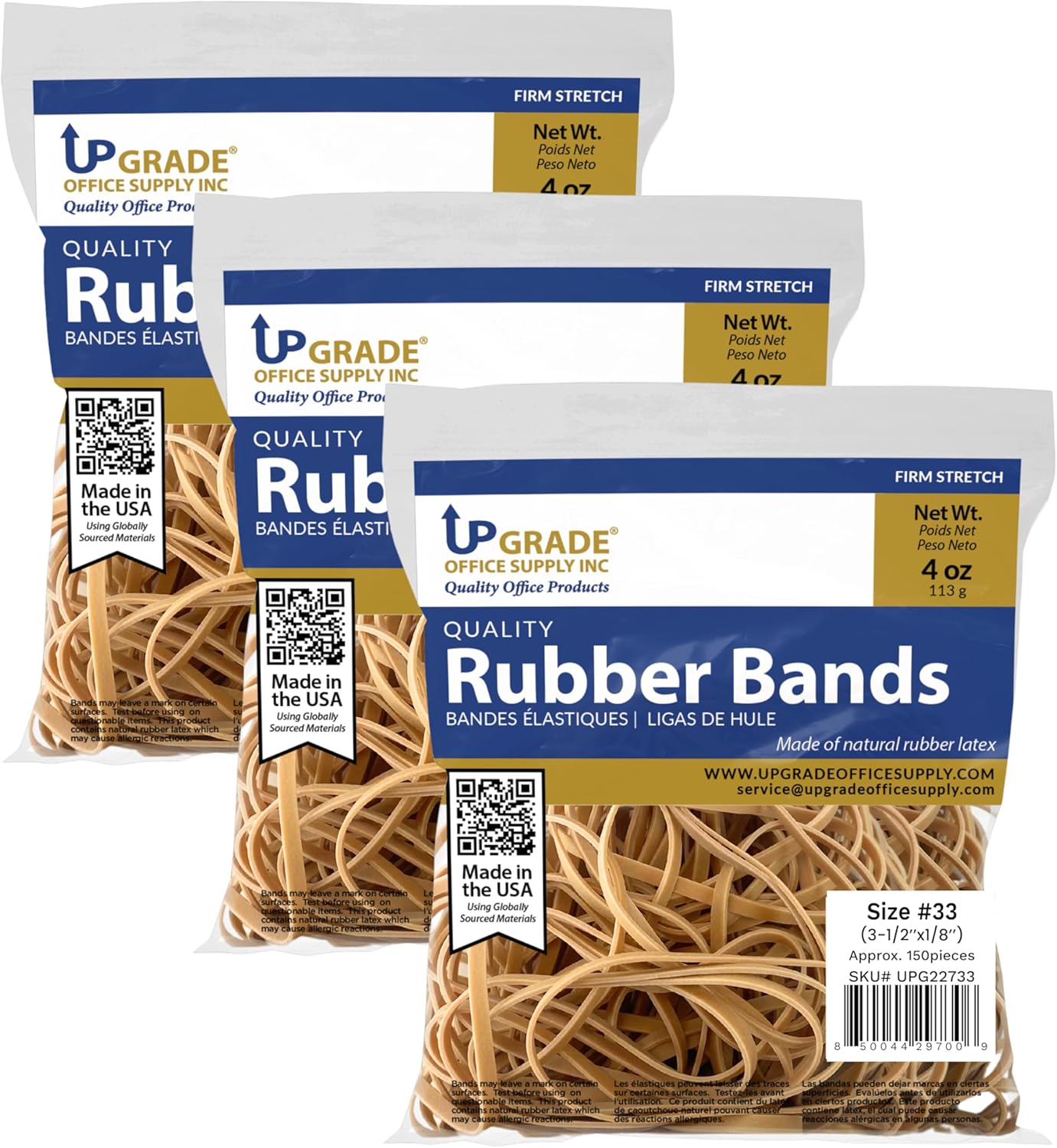 Upgrade Office Supply UPG22733 Rubber Bands, Size #33 (3-1/2” x 1/8”), 150 Bands, 1/4 lb, USA